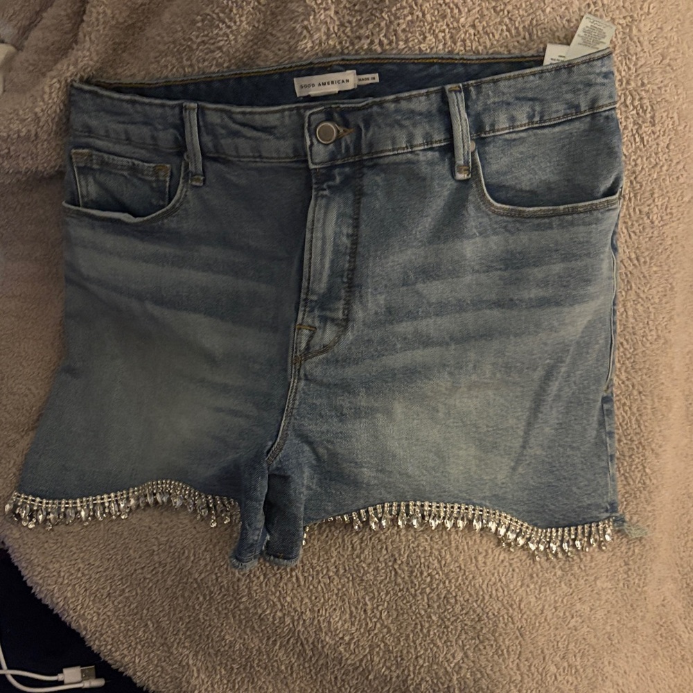 Good American Blue Denim Shorts with Crystal Hem